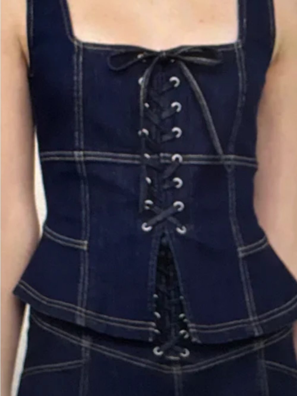 Moon River Navy Denim Lace-Up Corset Top